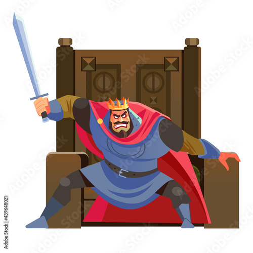 Anger. The evil king expresses his negative emotions. Emperor character with sword in hand, shouting is furious. Cartoon, flat vector illustration isolated in white background