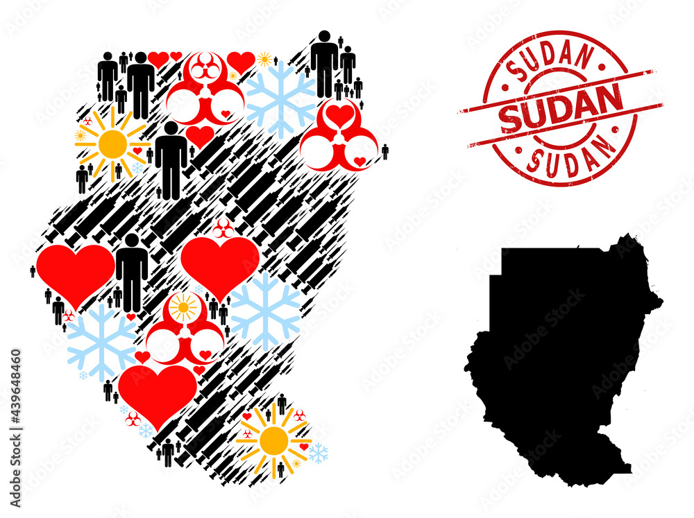 Rubber Sudan stamp seal, and sunny men inoculation mosaic map of Sudan. Red round stamp seal has Sudan tag inside circle. Map of Sudan mosaic is designed of cold, weather, healthcare, population,