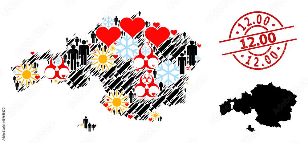 Obraz premium Rubber 12.00 stamp seal, and frost people inoculation collage map of Vizcaya Province. Red round seal contains 12.00 caption inside circle. Map of Vizcaya Province collage is formed with frost, sun,