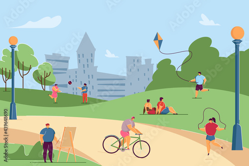 Kids doing different outdoor activities in park. People drawing, riding bike, playing volleyball, jumping rope, flying kite flat vector illustration. Childrens camp, kinder garden, playground concept