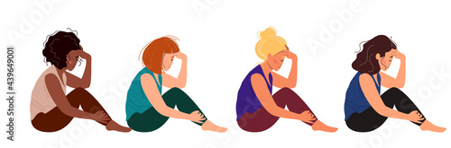 Sad woman sitting on the floor. Concept of mental disorder. Colorful vector illustration in flat cartoon style.