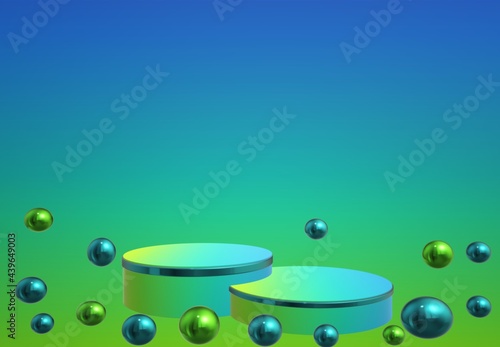 3d illustration of cylinder podiums and metallic beads on dark blue-green gradient background. Abstract minimal Interior design for studio, product display, showcase cosmetics. Present Luxury Concept.