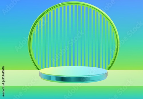 3d rendering Cylinder podium and circular ring frame at the backside on blue green gradient background. Scene to show cosmetic products presentation, Mockup design empty space, Showcase, display case.