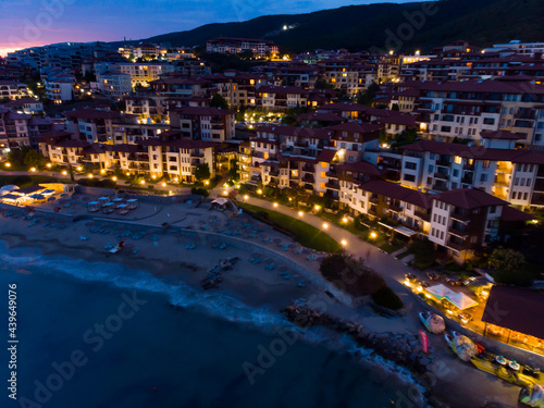 View from above of the hotels in night Sveti Vlas in Bulgaria. Summer holiday in Europe. Aerial photography, drone view.