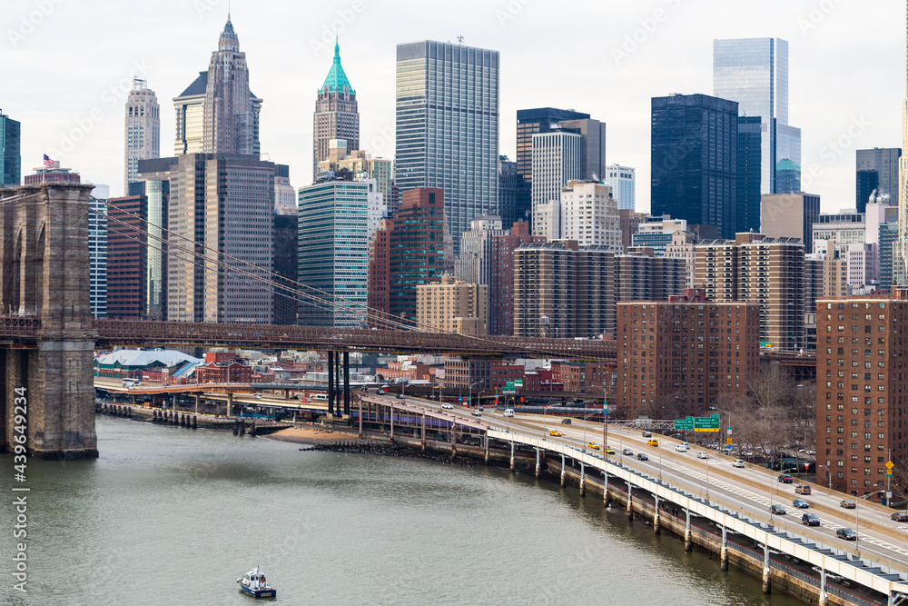 Lower Manhattan and freeway along East River waterfront, New York City