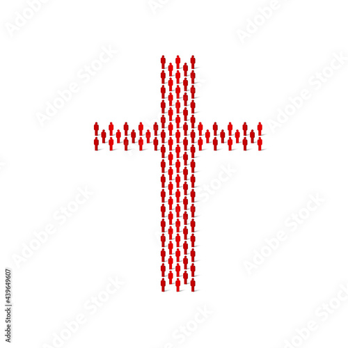 Human crowd in the shape of christian cross. Stick figure red simple icons. Vector illustration