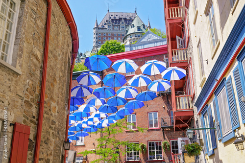 Lot of Umbrellas in Petit Champlain street Quebec city Canada photo