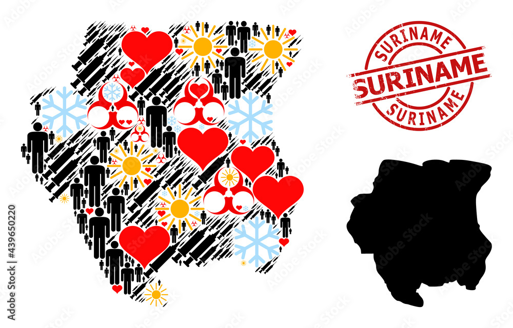 Grunge Suriname stamp, and winter people Covid-2019 treatment collage map of Suriname. Red round stamp seal includes Suriname title inside circle. Map of Suriname collage is formed from snow, sunny,