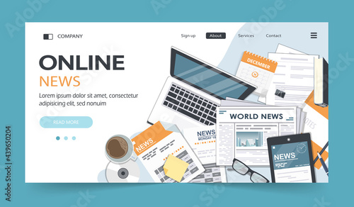 Vector illustration. Flat header. Online news. Newsletter and information. Business and market news. Financial report and coffee on wooden table