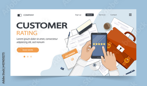 Customer relationship. Customer satisfaction. Feedback. Rating on customer service illustration. Website rating feedback and review concept. Flat vector illustration