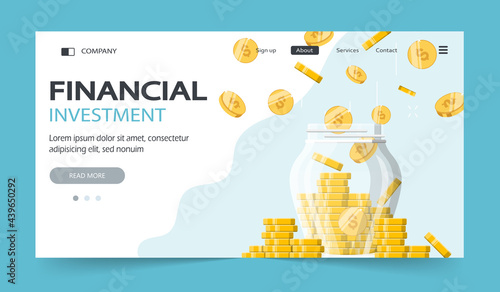 Growth, income, savings, investment. Glass money jar with gold coins. Money savings. Symbol of wealth. Business success. Flat style vector illustration.