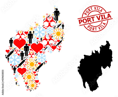 Grunge Port Vila stamp, and spring demographics Covid-2019 treatment mosaic map of Tripura State. Red round stamp seal includes Port Vila tag inside circle.