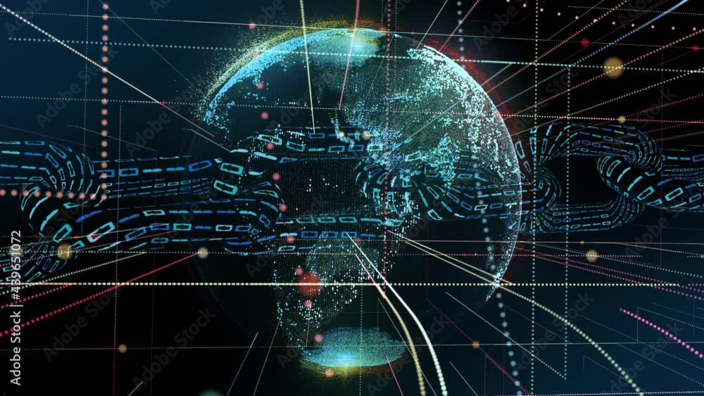 Global Blockchain and cryptocurrency matrix grid with binary chain