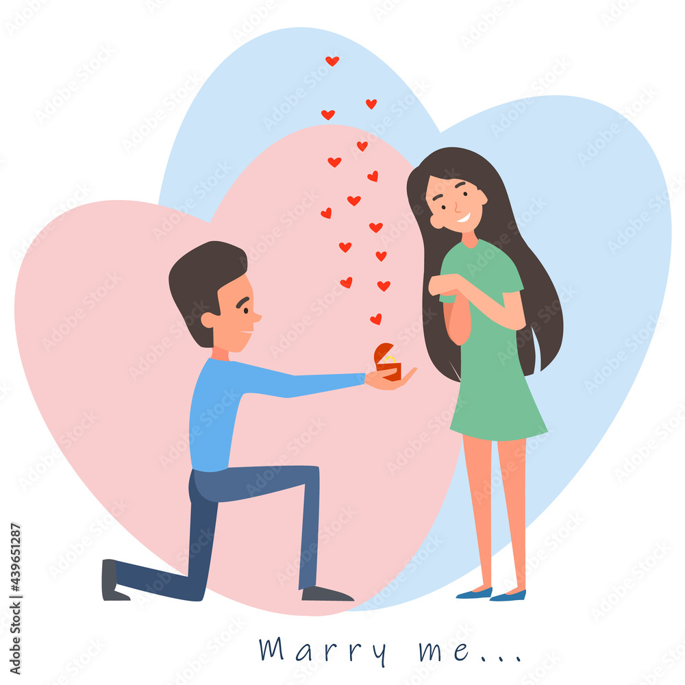 Fototapeta premium A postcard of a couple in love. The guy proposes to the girl. Valentines Day, hearts, flat cartoon characters. Vector illustration.