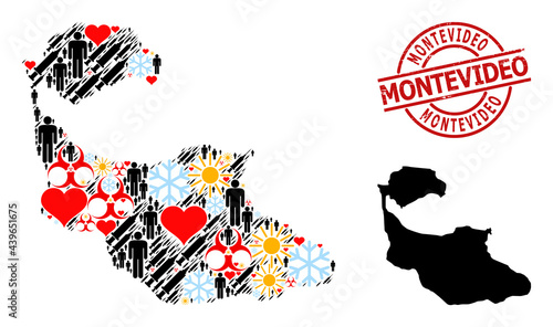 Grunge Montevideo seal, and heart man vaccine mosaic map of Tiran Island. Red round stamp includes Montevideo title inside circle. Map of Tiran Island mosaic is done from frost, sun, lovely, humans,
