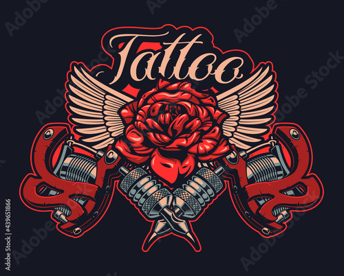 Color Illustration tattoo machines with rose and wings in vintage style. Perfectly for posters, T shirt design, fabric print, and many other uses. 
