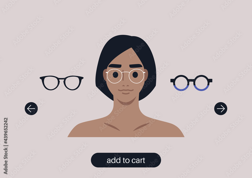Virtual glasses try on tool, a young female character portrait wearing