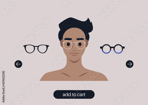 Virtual glasses try on tool, a young male character portrait wearing different frames