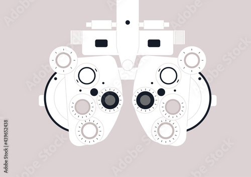 A modern optometrist equipment for eye sight examination, a cartoon image isolated on plain background, eyesight correction