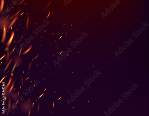 Blazing Flame Fiery Sparks Background. Isolated Fire, Orange Red Yellow Sparkles, Smoke. Hot Burning Glow Flashes. Bright Night, Glitter Gold. Realistic Energy Gleam. Realistic Fire Image on Black.