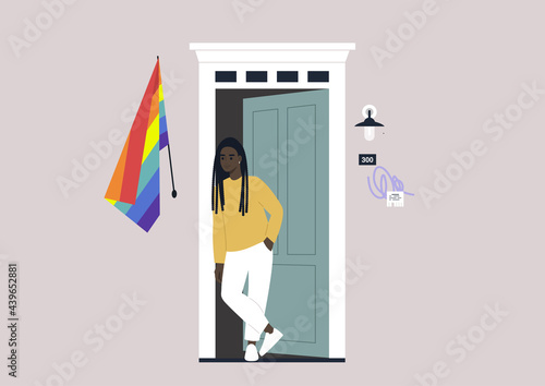 A young female Black character standing outside their entrance door with a rainbow flag on the wall, a safe space for the LGBTQ community, coming out