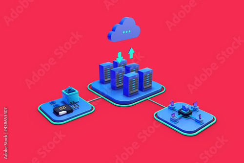 3d illustration of cloud storage download. Service or digital application with data transfer. Online computer technology. Server and data center connection network 3d data network, machine learning