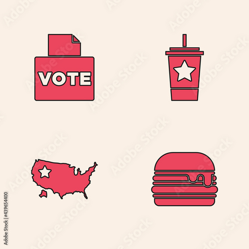 Set Burger, Vote box, Paper glass with straw and USA map icon. Vector