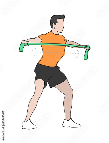 Isolated fit muscle man standing training back, triceps and arms with an elastic. Gym, fitness. Flat style vector illustration.