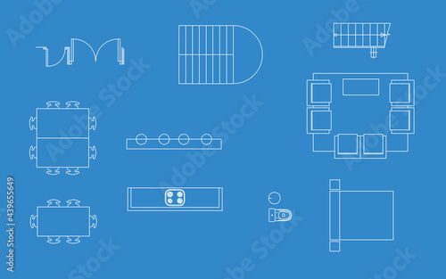 Blue print house elements set, collection. Stairs, doors, table, kitchen, bathroom, bed and living-room. White lines technical illustration. 