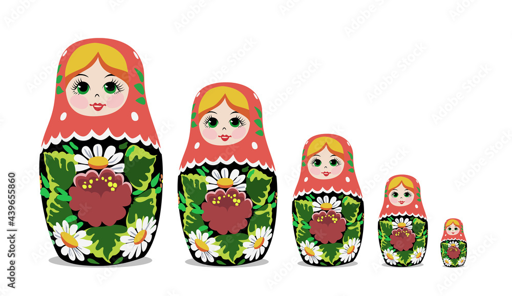 Cute collection of matryoshkas traditional Russian dolls in different sizes. Flat style vector illustration. Cute collection of matryoshkas traditional Russian dolls in different sizes. Flat style vector illustration.