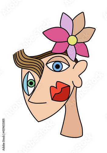 Isolated woman face drawing as a cubist picture art. Cartoon style vector illustration.