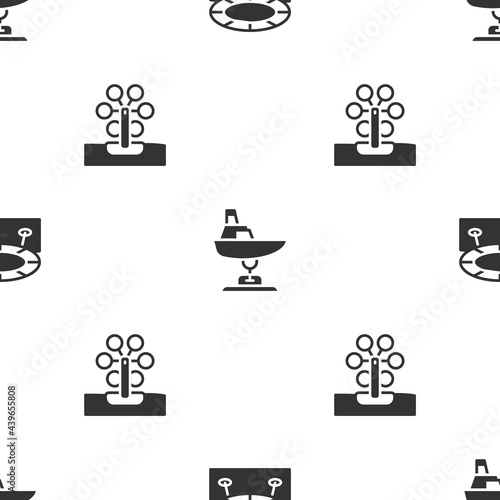 Set Jumping trampoline, Swing boat and Ferris wheel on seamless pattern. Vector