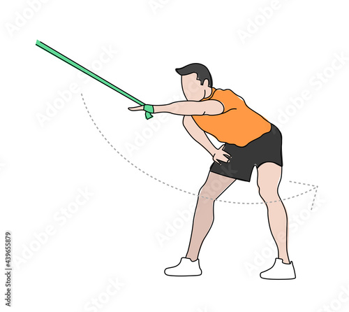 Isolated fit muscle man standing training back, triceps and arms with an elastic. Gym, fitness. Flat style vector illustration.