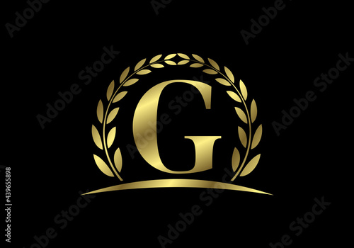 Golden letters G  with a golden laurel wreath. English alphabet, vector illustration