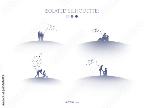 People and birds silhouette on hill. Death and afterlife. Isolated set