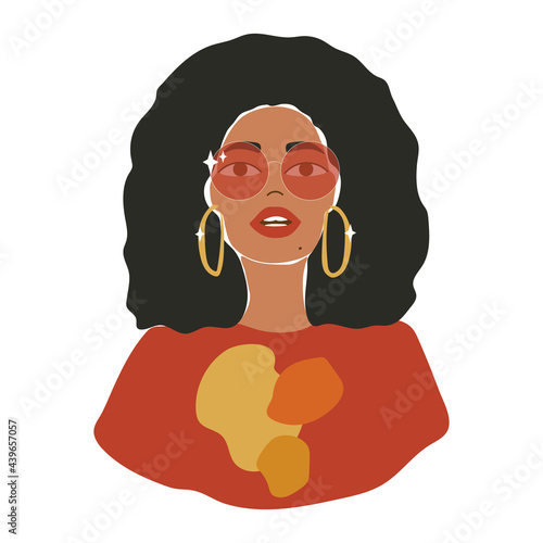 Vector colorful illustration of african american hippie woman in red sunglasses isolated from white background.