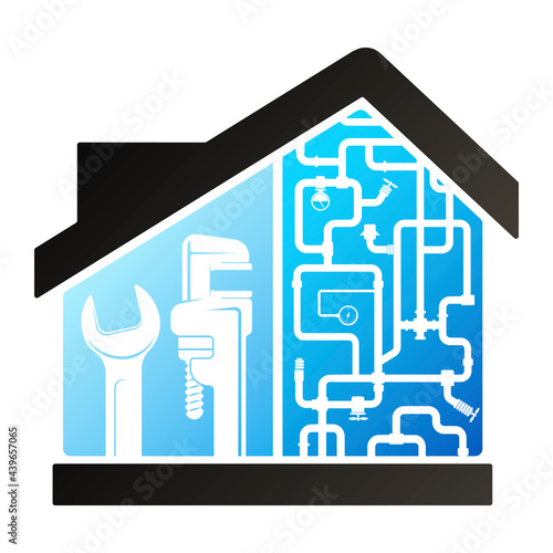 Wrench and water pipes, plumbing service and repair symbol