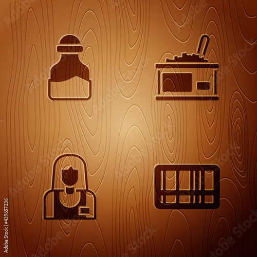 Set Barcode, Spice in can, Seller and Tin with caviar on wooden background. Vector