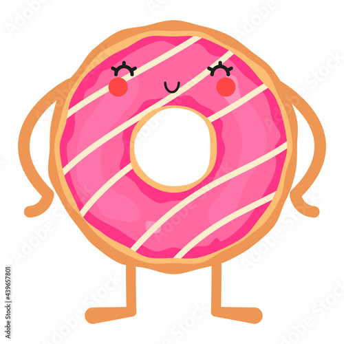 Cute funny donut character. White background. Vector illustration.