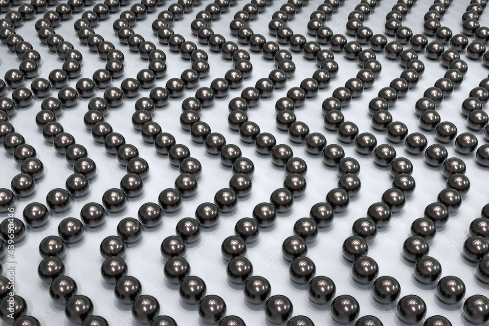 Background of threads with pearls on transparent fishing line. The beads are arranged in a vertical wave. Beautiful stylish background in silvery black tones. 3d illustration. Background of threads with pearls on transparent fishing line. The beads are arranged in a vertical wave. Beautiful stylish background in silvery black tones. 3d illustration.