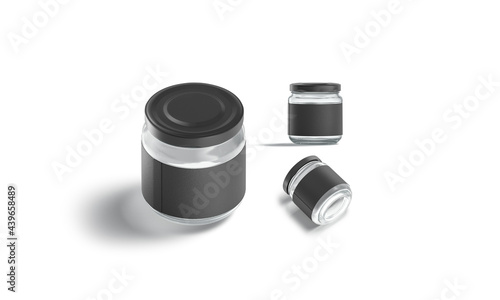 Blank small glass jar with black label mockup, different views photo