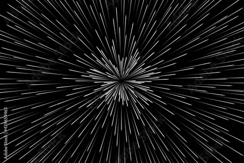 Abstract Black and White Geometric Spatial Pattern. Festive Firework Isolated on Night Background. Illustration of Explosive Starburs with Rays. Raster. 3D Illustration