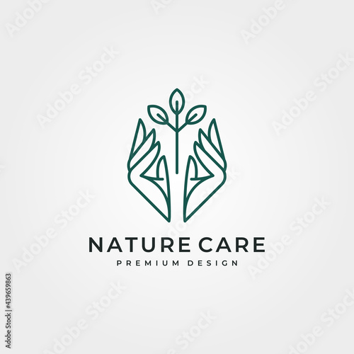 nature tree care logo vector design, line art hand and tree logo vector symbol illustration design