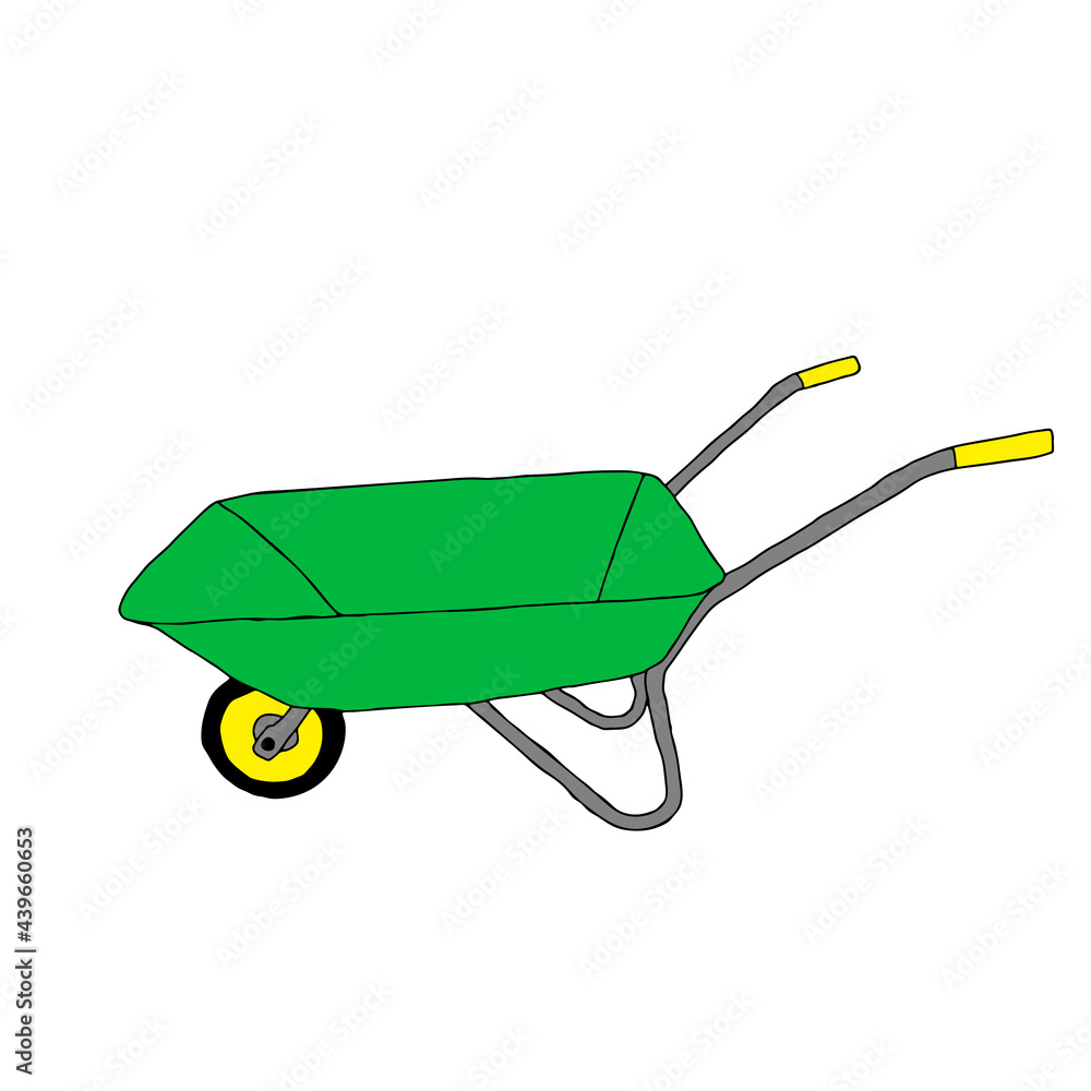 Hand drawn outline green vector illustration of a beautiful metal truck with handles for gardening isolated on a white background Hand drawn outline green vector illustration of a beautiful metal truck with handles for gardening isolated on a white background