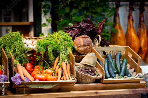 fresh organic groceries on rustic wooden table