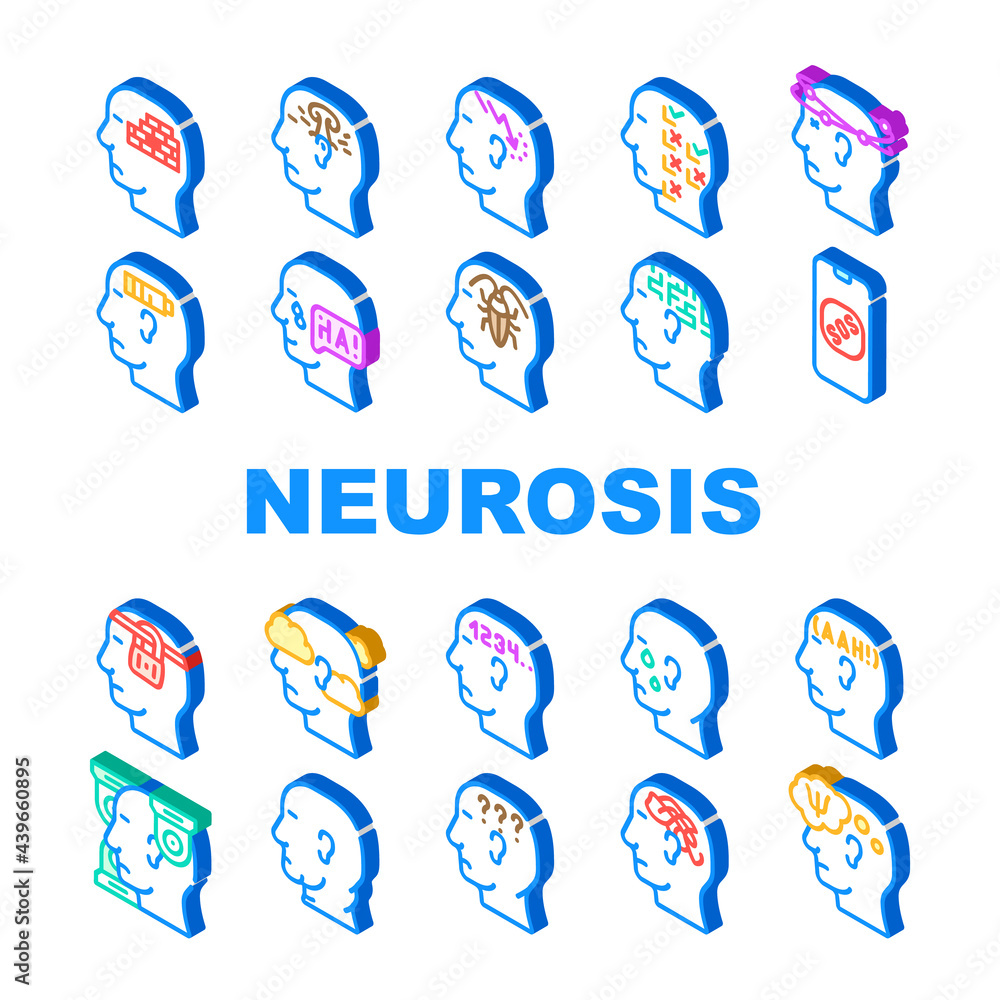 Neurosis Brain Problem Collection Icons Set Vector. Patient Neurosis And Disorder, Persecution Mania And Panic, Confused And Disorientation Color Illustrations Neurosis Brain Problem Collection Icons Set Vector. Patient Neurosis And Disorder, Persecution Mania And Panic, Confused And Disorientation Color Illustrations
