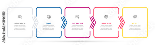 Thin line infographic label design with square and arrows. Business concept with 5 steps, options or processes. Vector illustration.
