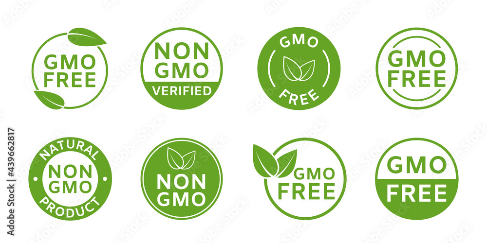 Non GMO labels. GMO free icons. Healthy organic food concept. No GMO design elements for tags, product package, emblems, stickers. Agriculture food symbol. Eco, vegan, bio stamp. Vector illustration Non GMO labels. GMO free icons. Healthy organic food concept. No GMO design elements for tags, product package, emblems, stickers. Agriculture food symbol. Eco, vegan, bio stamp. Vector illustration