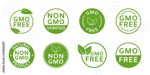 Non GMO labels. GMO free icons. Healthy organic food concept. No GMO design elements for tags, product package, emblems, stickers. Agriculture food symbol. Eco, vegan, bio stamp. Vector illustration