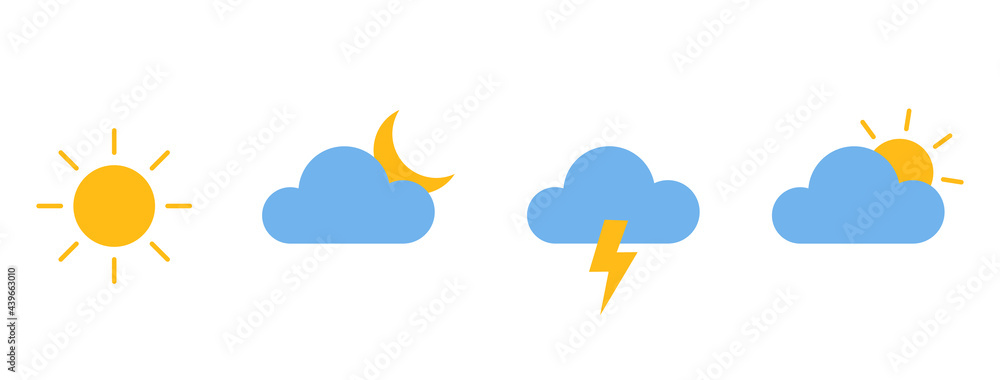 Weather color icons set. Collection of modern flat symbols. Meteorology shapes. Climate forecast. Meteo pictogram for mobile app, web. Sun, moon, cloud, lightning templates. Vector illustration